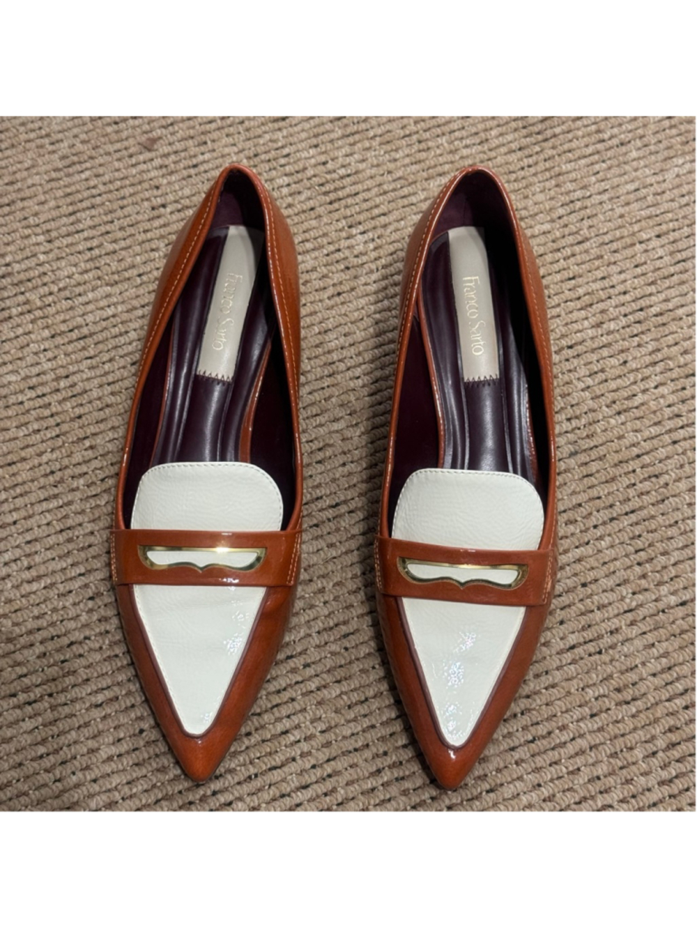 Franco Sarto RemiTwo Tone Pointed Toe Loafers Brown Cream Patent Low Heel Size 8 - Picture 3 of 10